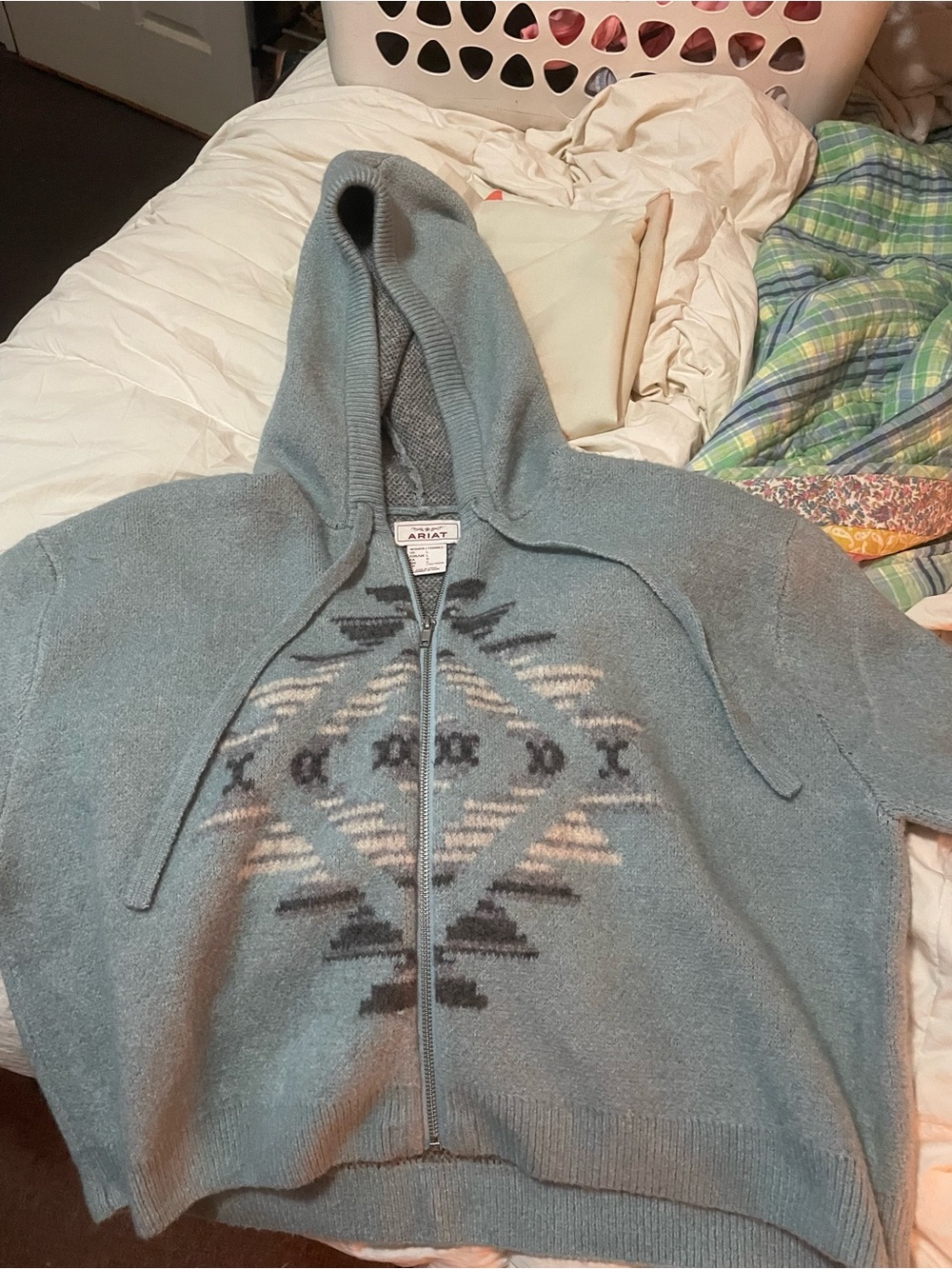 Ariat Women's Sky Blue Hooded Zip Sweater with Geometric Design